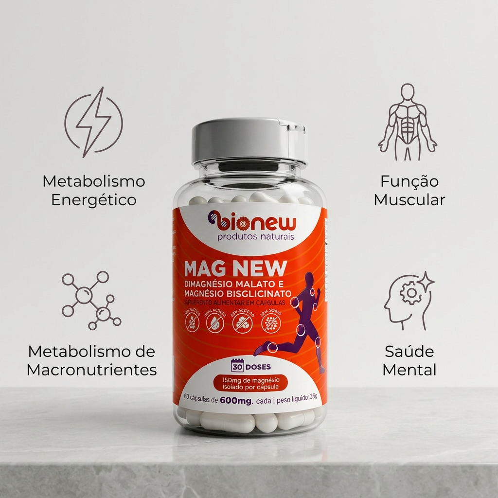 Mag New atua em quatro frentes: metabolismo energético, função muscular, metabolismo de macronutrientes e saúde mental